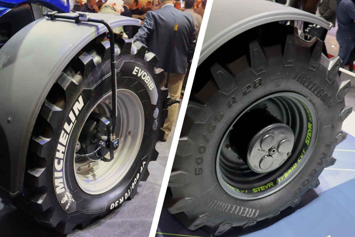 Da sinistra T7 300 di New Holland e Hybrid CVT di Steyr presentati ad Agritechnica 2023 con sistema centralizzato di gonfiaggio dei pneumatici (CTIS)